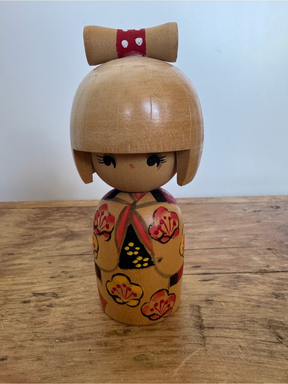 Vintage Japanese Wooden Blonde Kokeshi Doll w Floral Kimono